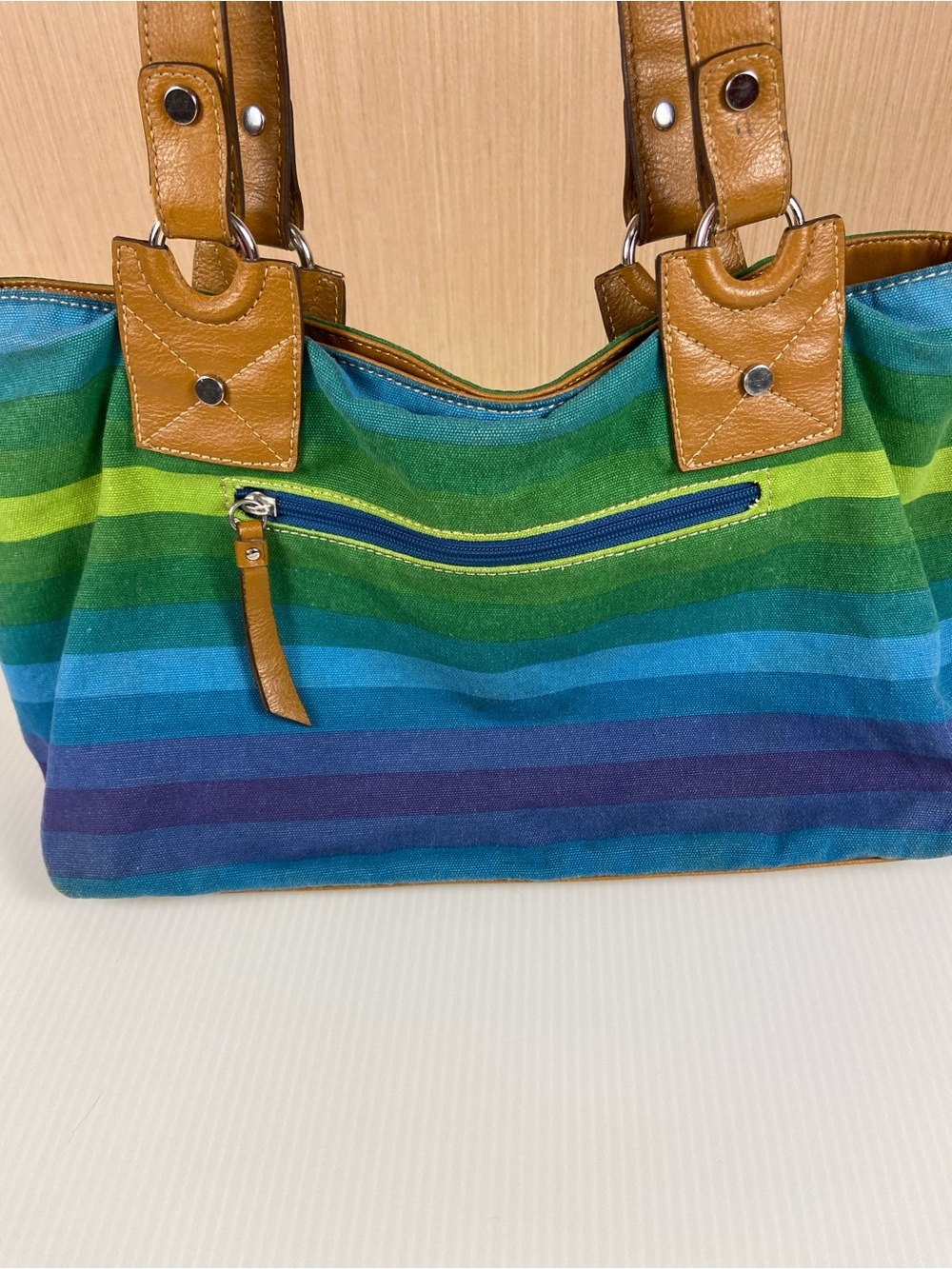 Liz Claiborne Blue Green Striped Canvas Tote Shoulder Bag - Picture 12 of 12